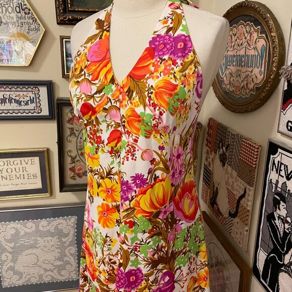 70s Vintage White Orange Yellow Floral Halter Maxi Dress With V-Neck & Open Back - Picture 3 of 5